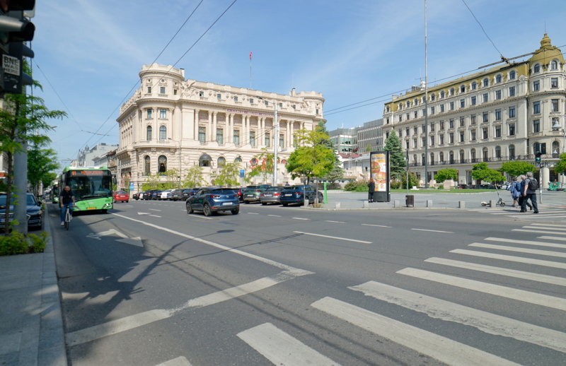 Street scene along Calea Victoriei in Bucharest, Romania including the Palace of the National Military Circle